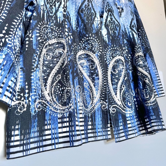 Chico's Linen-Blend Blue Ombre Sequin Paisley Open front Jacket Size 3 - Picture 4 of 9